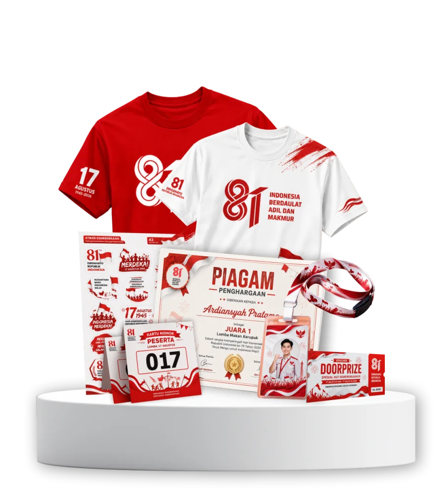Produk 17-an Dexprint: kaos, stiker, piagam, ID card, nomor peserta, kupon doorprize