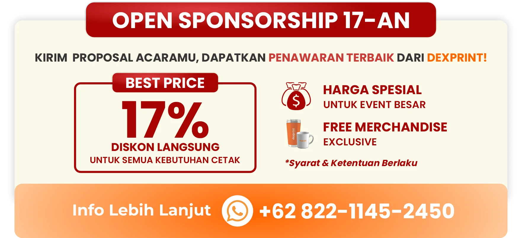 Open Sponsorship 17-an — diskon 17%, harga spesial event besar, free merchandise